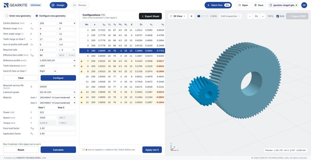 Configuration search listing valid configurations with module, teeth, helix angle and profile shift