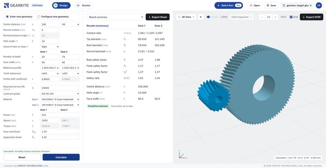 GEARKITE app with gear geometry and strength inputs, calculated results summary and a 3D helical gear pair