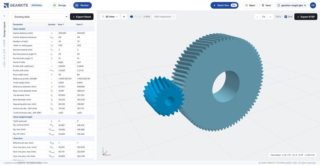 Review screen with drawing table, 3D helical gear pair and Export STEP button