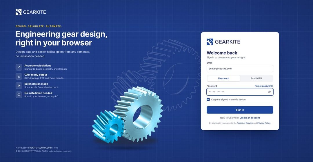 GEARKITE sign-in screen: engineering gear design, right in your browser