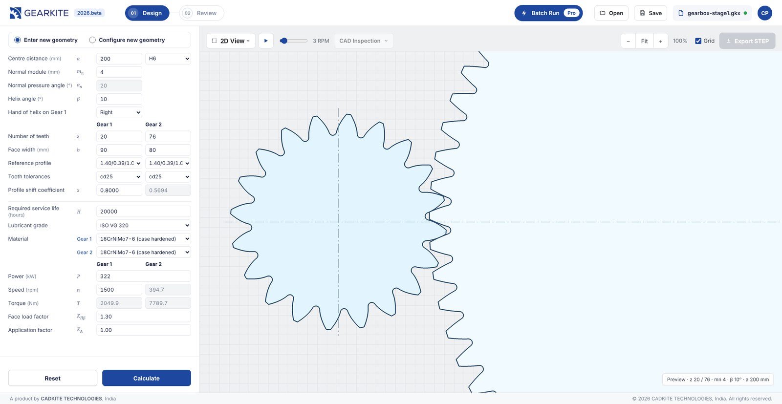 GEARKITE design screen with gear geometry inputs and a 2D view of the meshing gear pair with centre distance