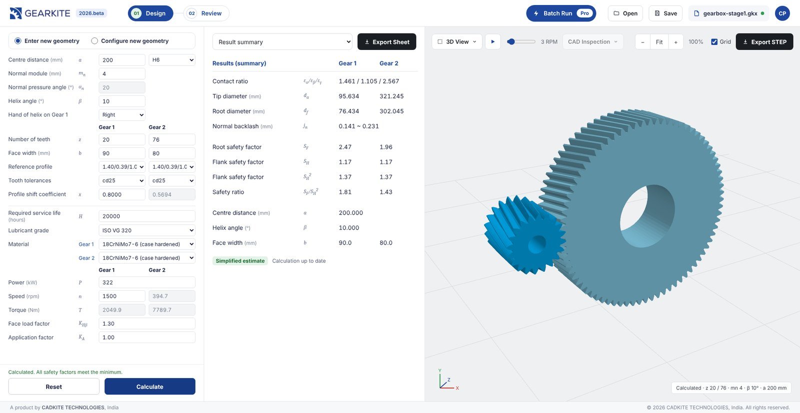 Geometry and strength inputs with the calculated results summary and 3D view