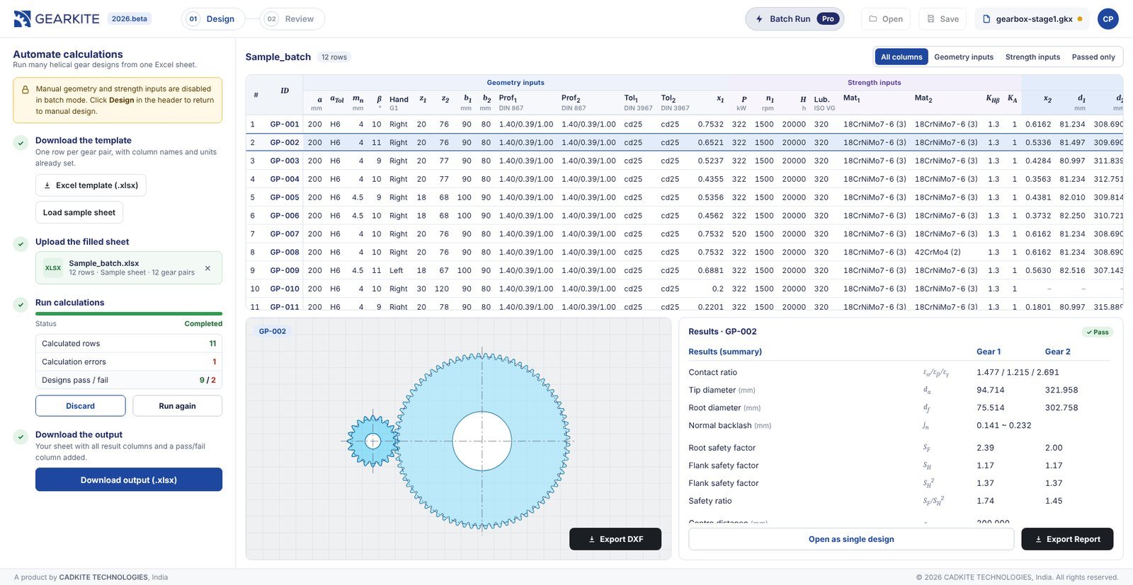 Batch run of 12 gear pairs from an Excel sheet with pass/fail results and 2D view