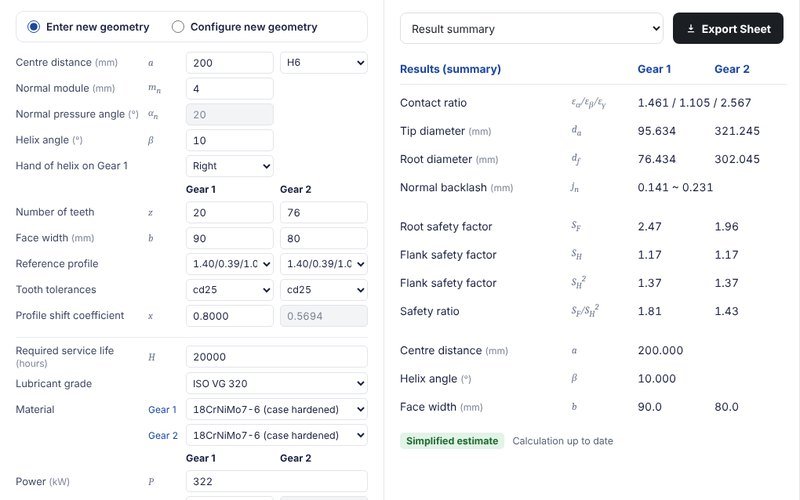 Gear inputs next to the calculated results summary