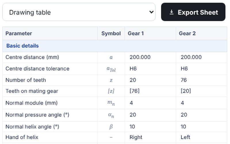 Drawing table with gear data for manufacturing